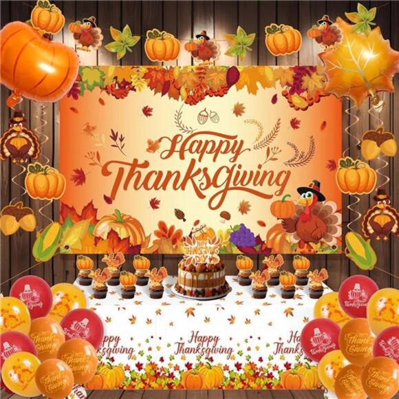 Thanksgiving Party Decorations Set, Turkey Themed Backdrop,Tablecloth - Picture 1 of 8